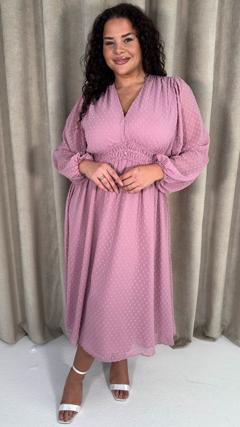 CurveWow Dobby Shirred Bodice Midi Dress Pink