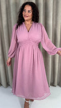 CurveWow Dobby Shirred Bodice Midi Dress Pink