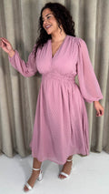 CurveWow Dobby Shirred Bodice Midi Dress Pink