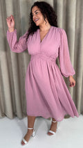 CurveWow Dobby Shirred Bodice Midi Dress Pink