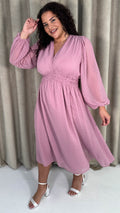 CurveWow Dobby Shirred Bodice Midi Dress Pink