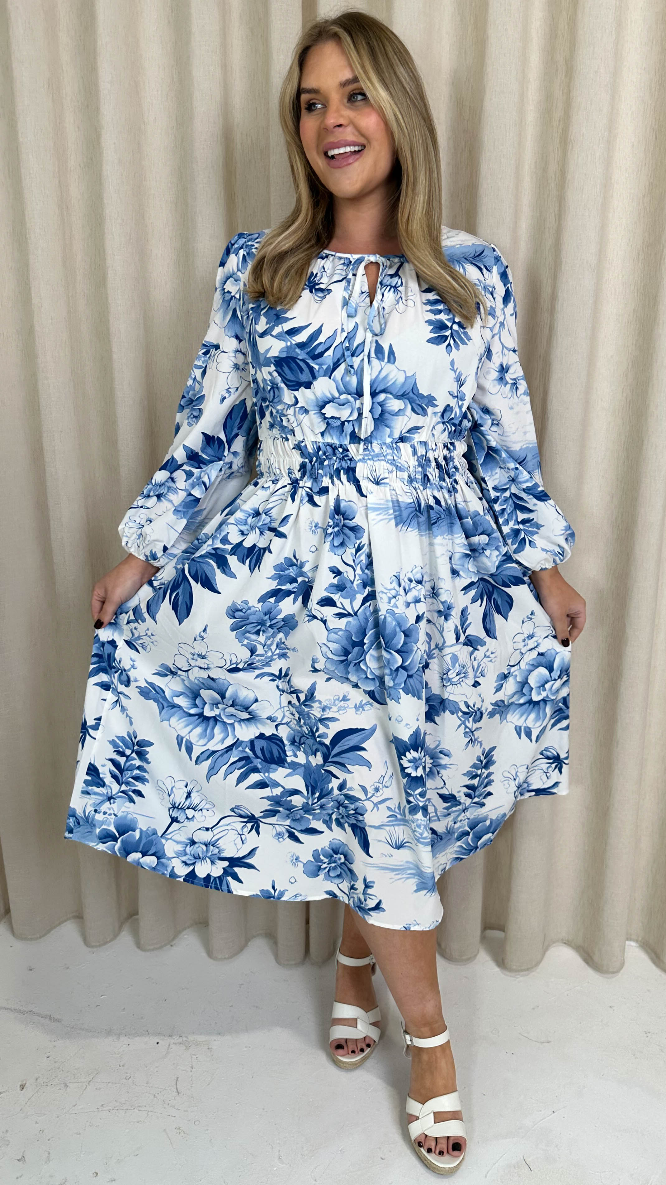CurveWow LS Keyhole Front Dress White and Blue Floral
