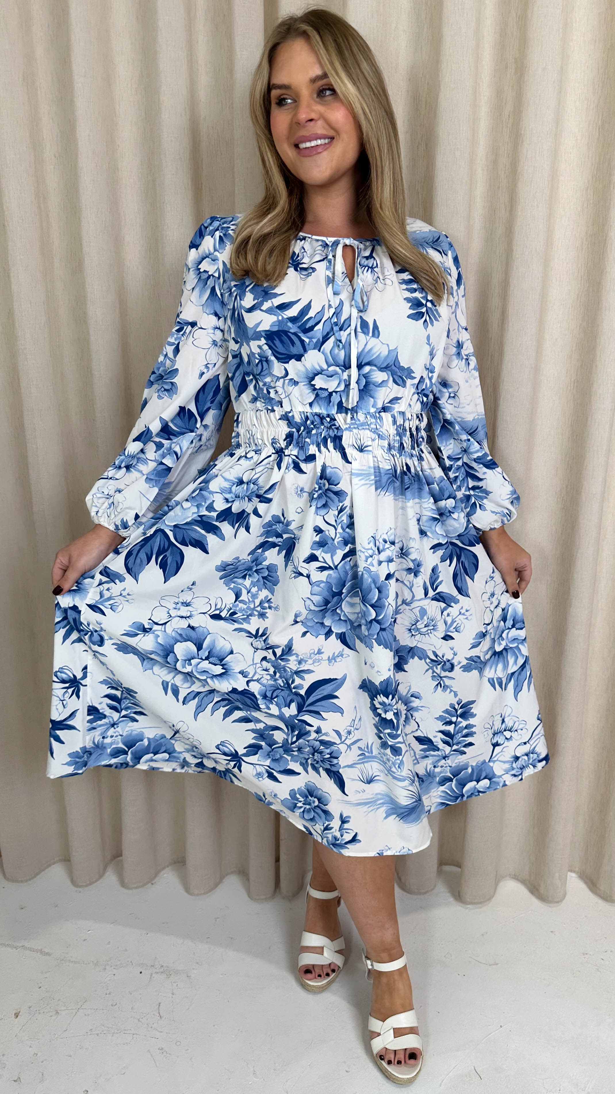 CurveWow LS Keyhole Front Dress White and Blue Floral