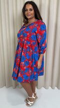 CurveWow Printed Lace Insert Smock Dress Blue/Red Floral