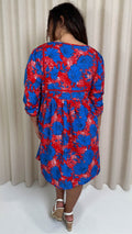 CurveWow Printed Lace Insert Smock Dress Blue/Red Floral