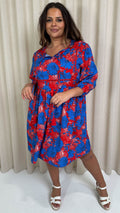 CurveWow Printed Lace Insert Smock Dress Blue/Red Floral
