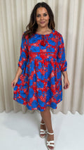 CurveWow Printed Lace Insert Smock Dress Blue/Red Floral