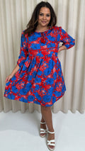 CurveWow Printed Lace Insert Smock Dress Blue/Red Floral