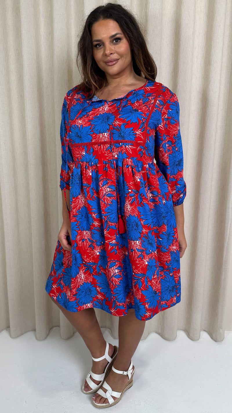 CurveWow Printed Lace Insert Smock Dress Blue/Red Floral