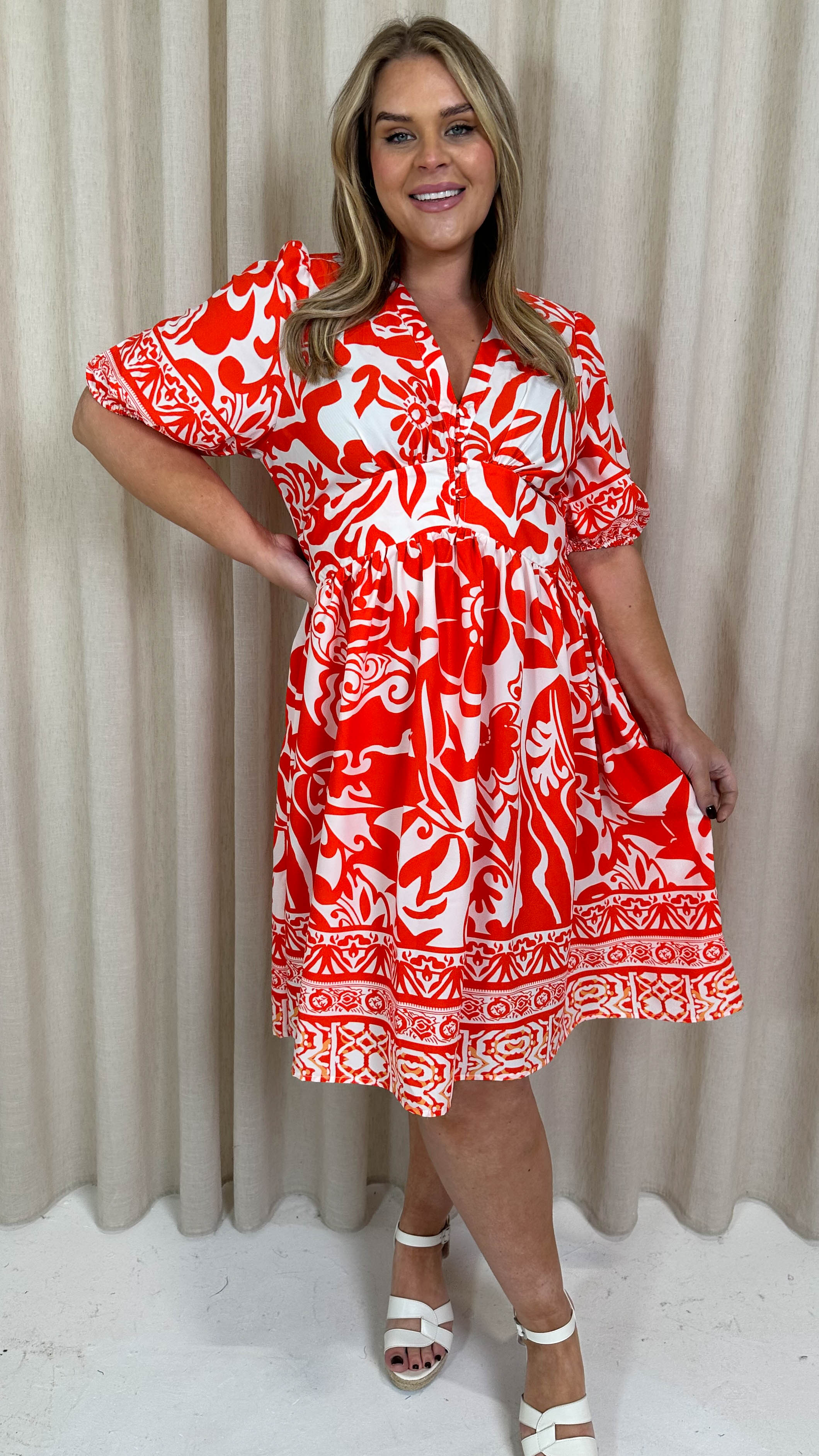red smock dress CurveWow Midi Smock Dress Red Tile – Curvewow