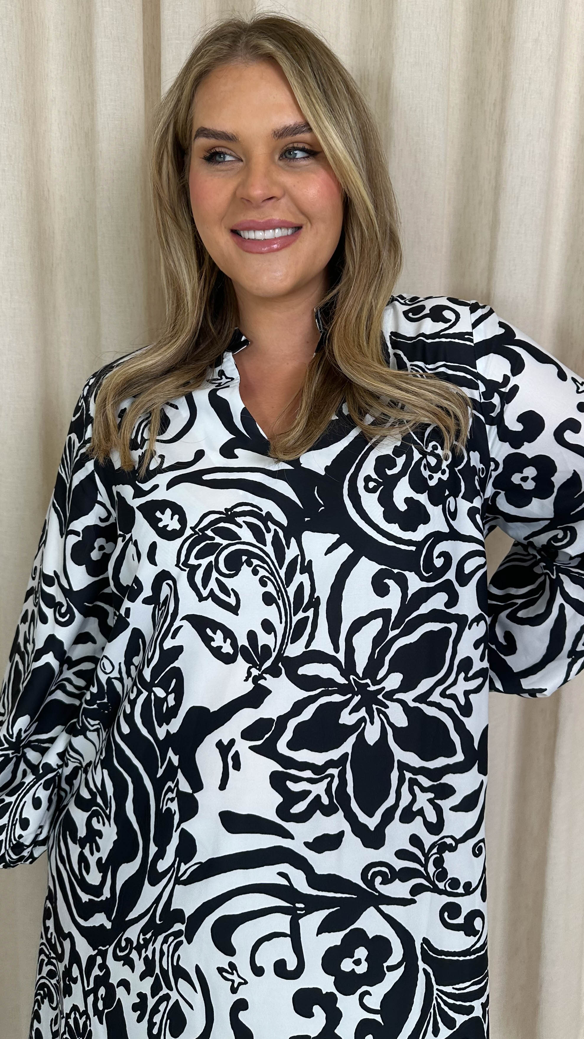 CurveWow Collarless Smock Dress Black Tile