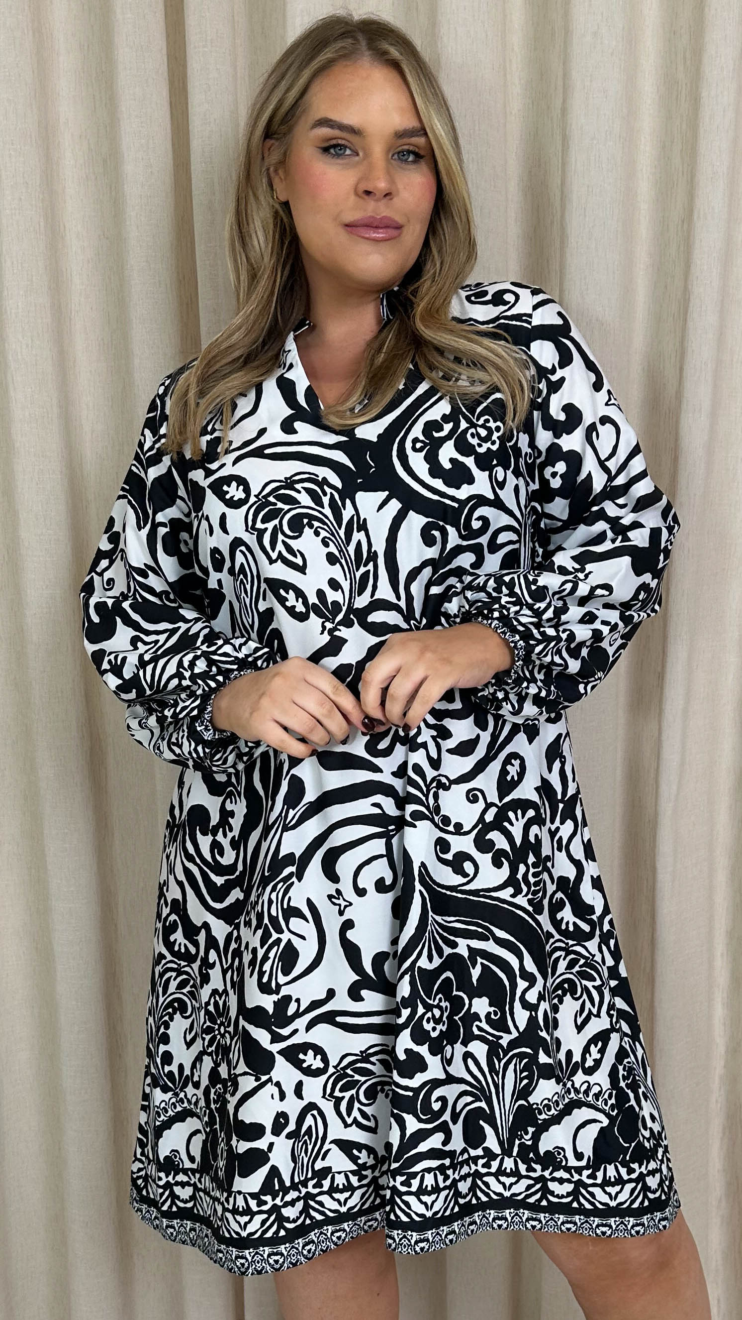 CurveWow Collarless Smock Dress Black Tile