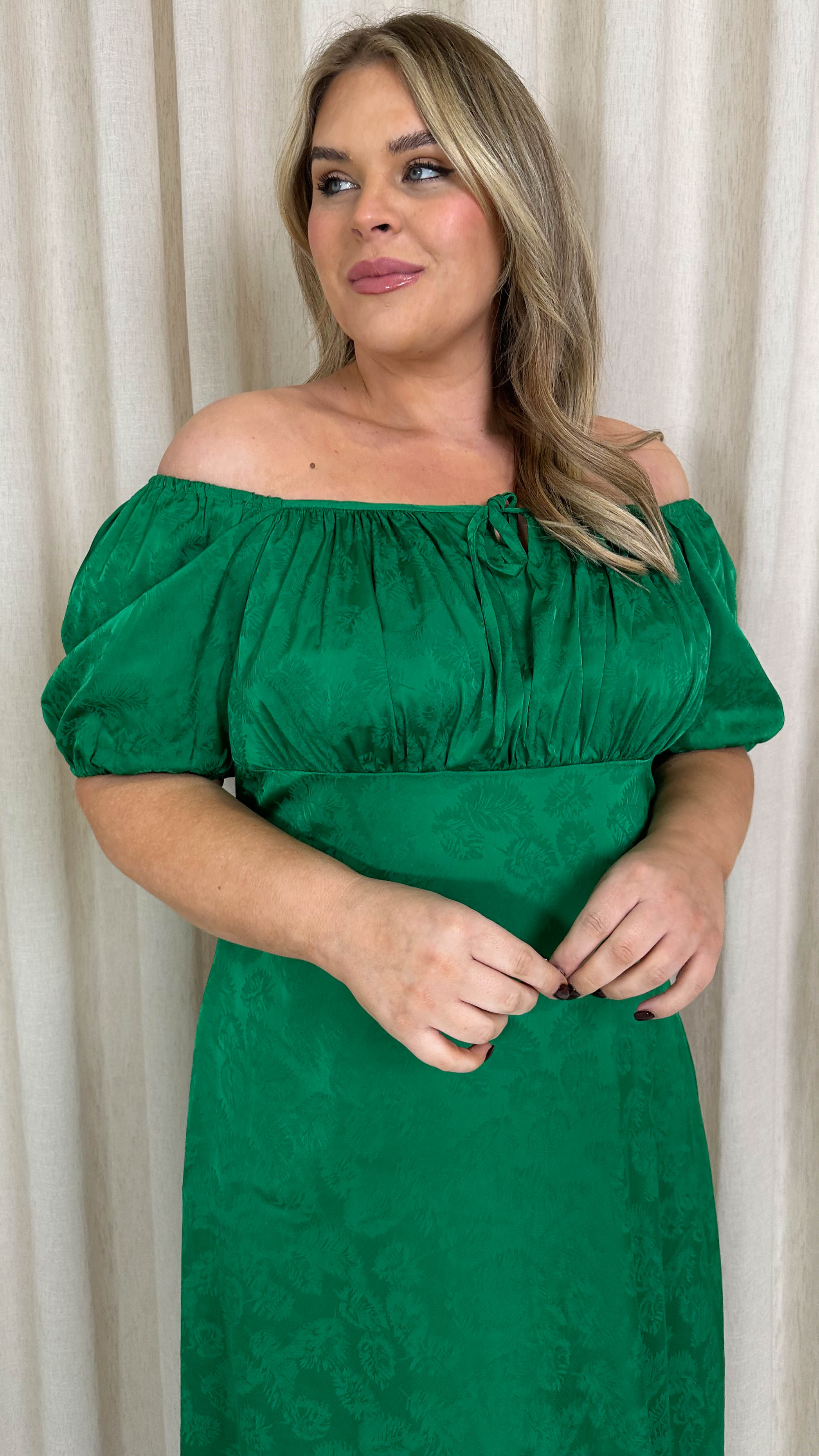 CurveWow Keyhole Palm Satin Dress Green