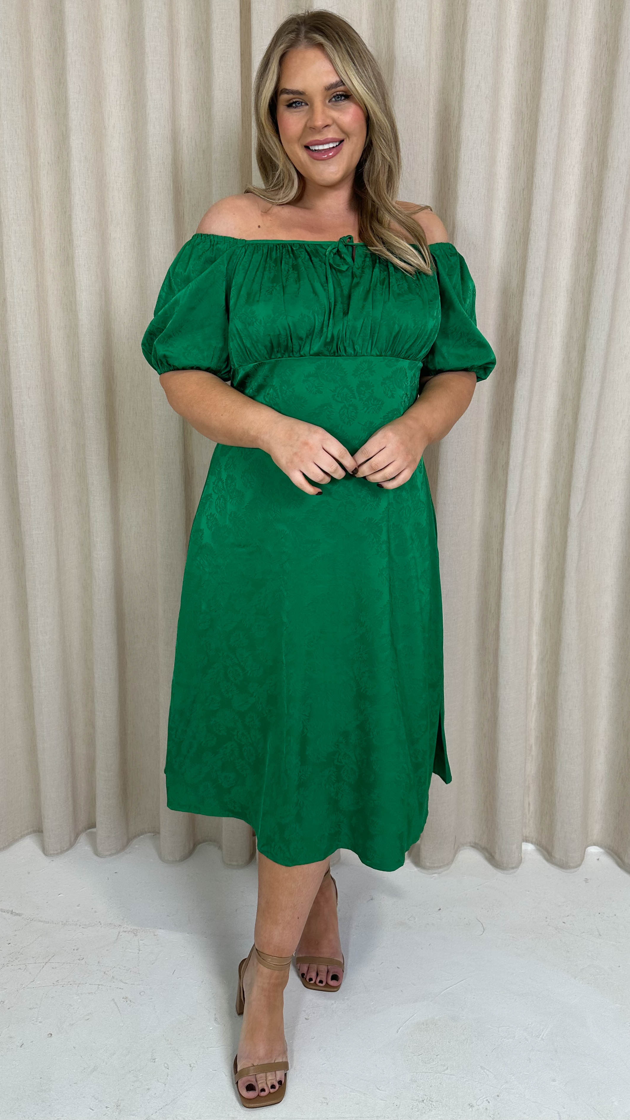 CurveWow Keyhole Palm Satin Dress Green