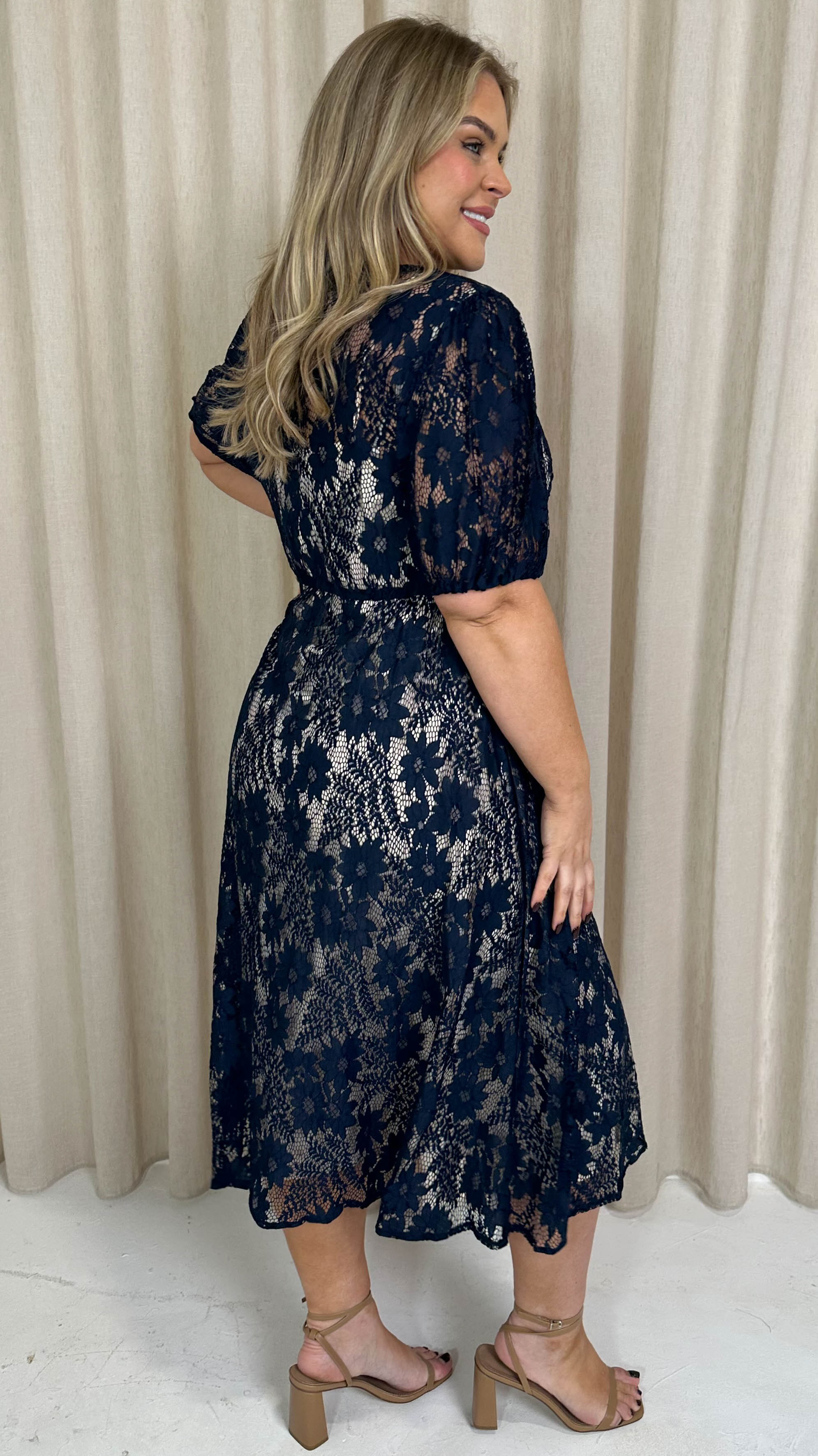 CurveWow Lace Midi Skater Dress Navy