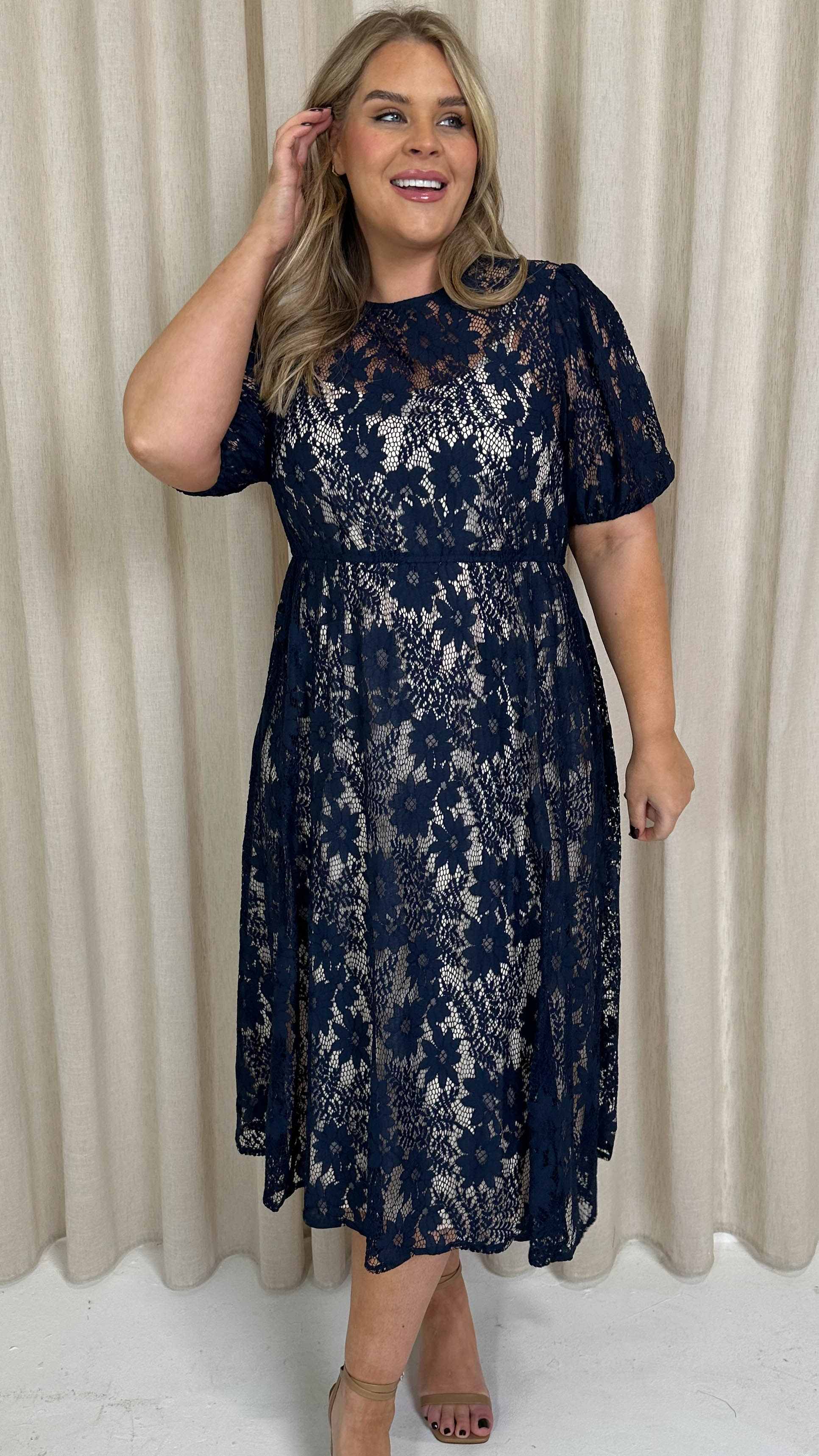 CurveWow Lace Midi Skater Dress Navy