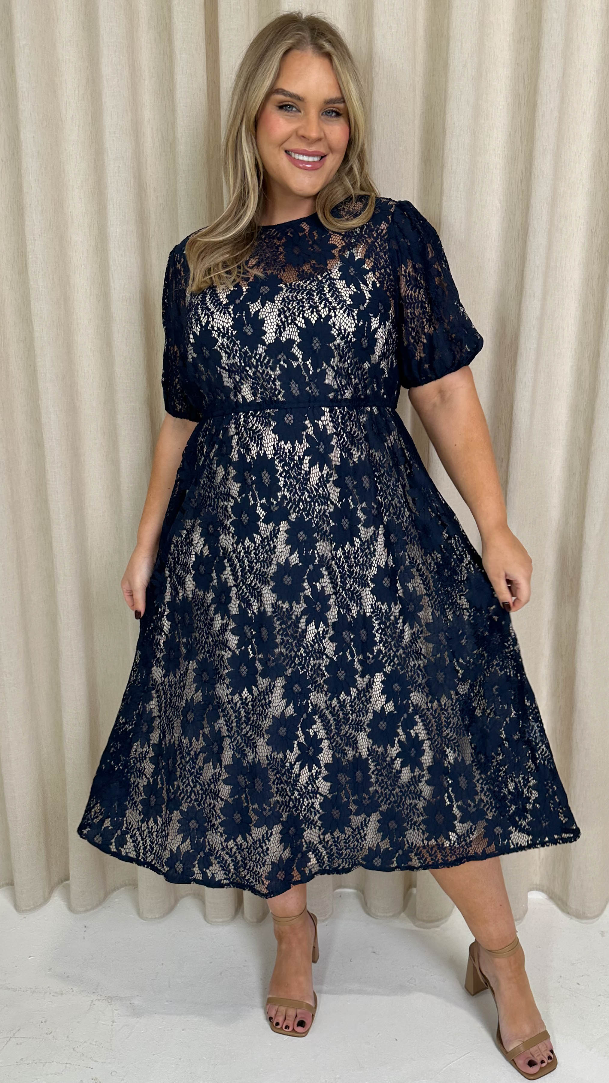 CurveWow Lace Midi Skater Dress Navy