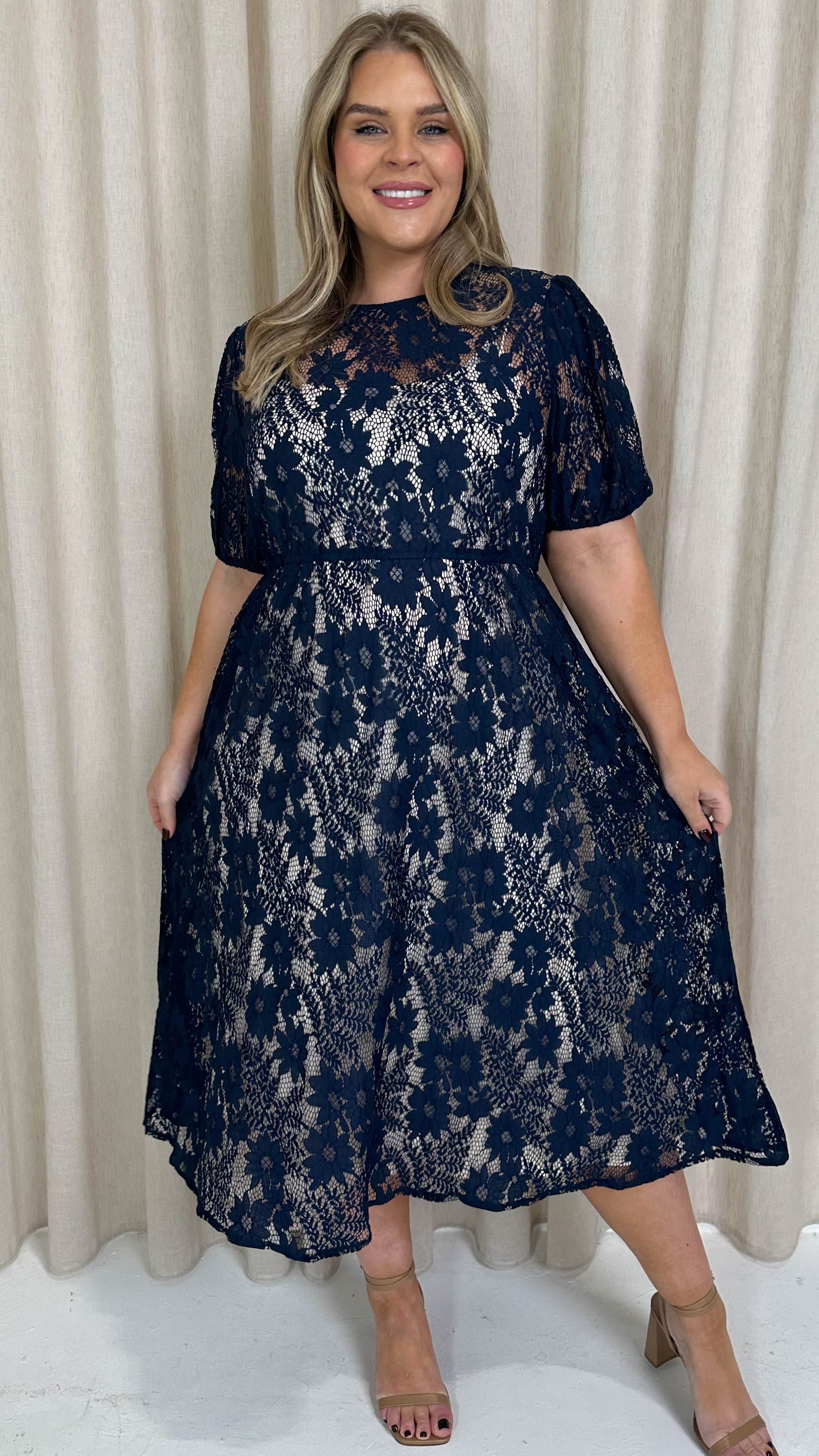 CurveWow Lace Midi Skater Dress Navy