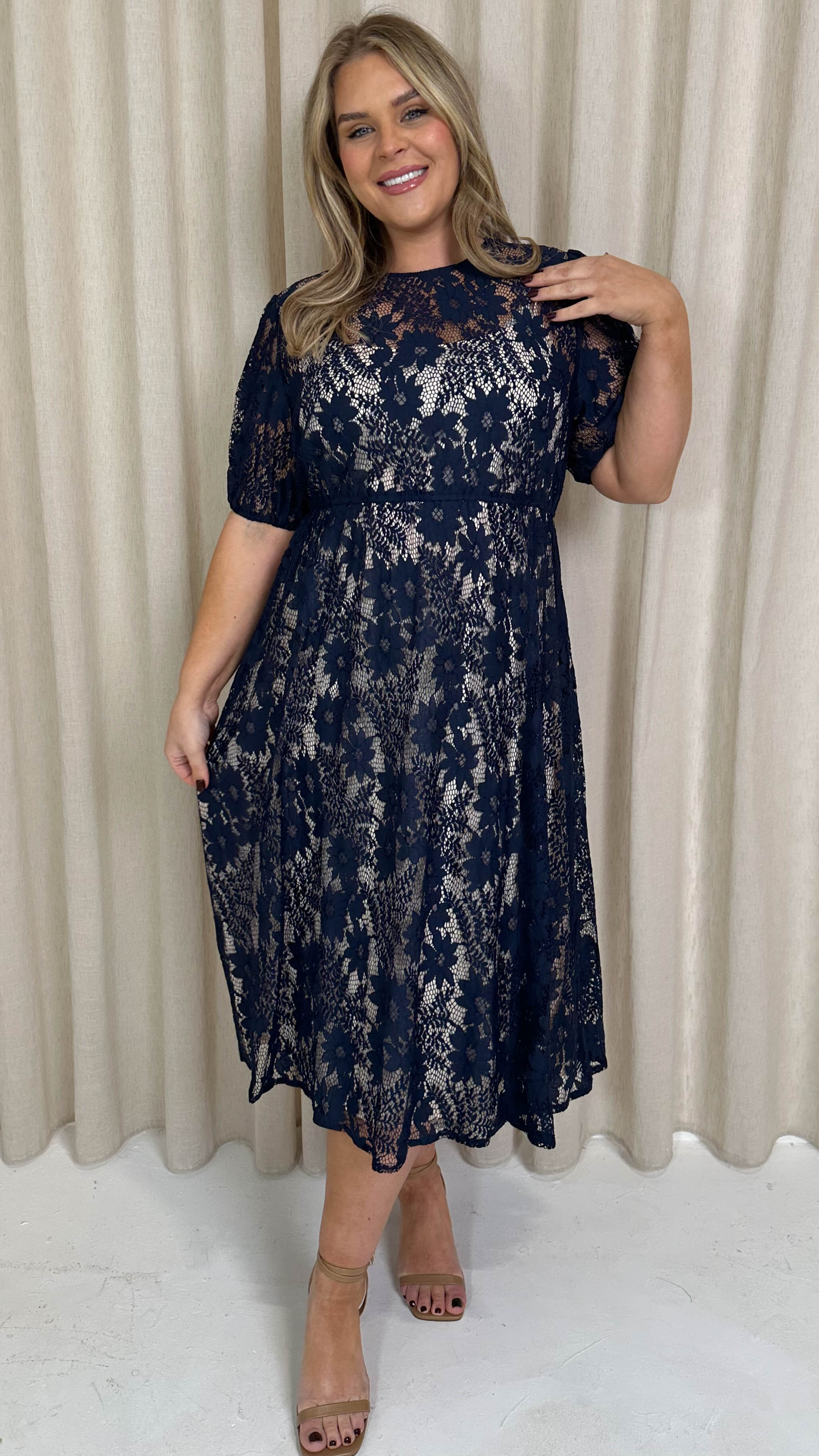 CurveWow Lace Midi Skater Dress Navy