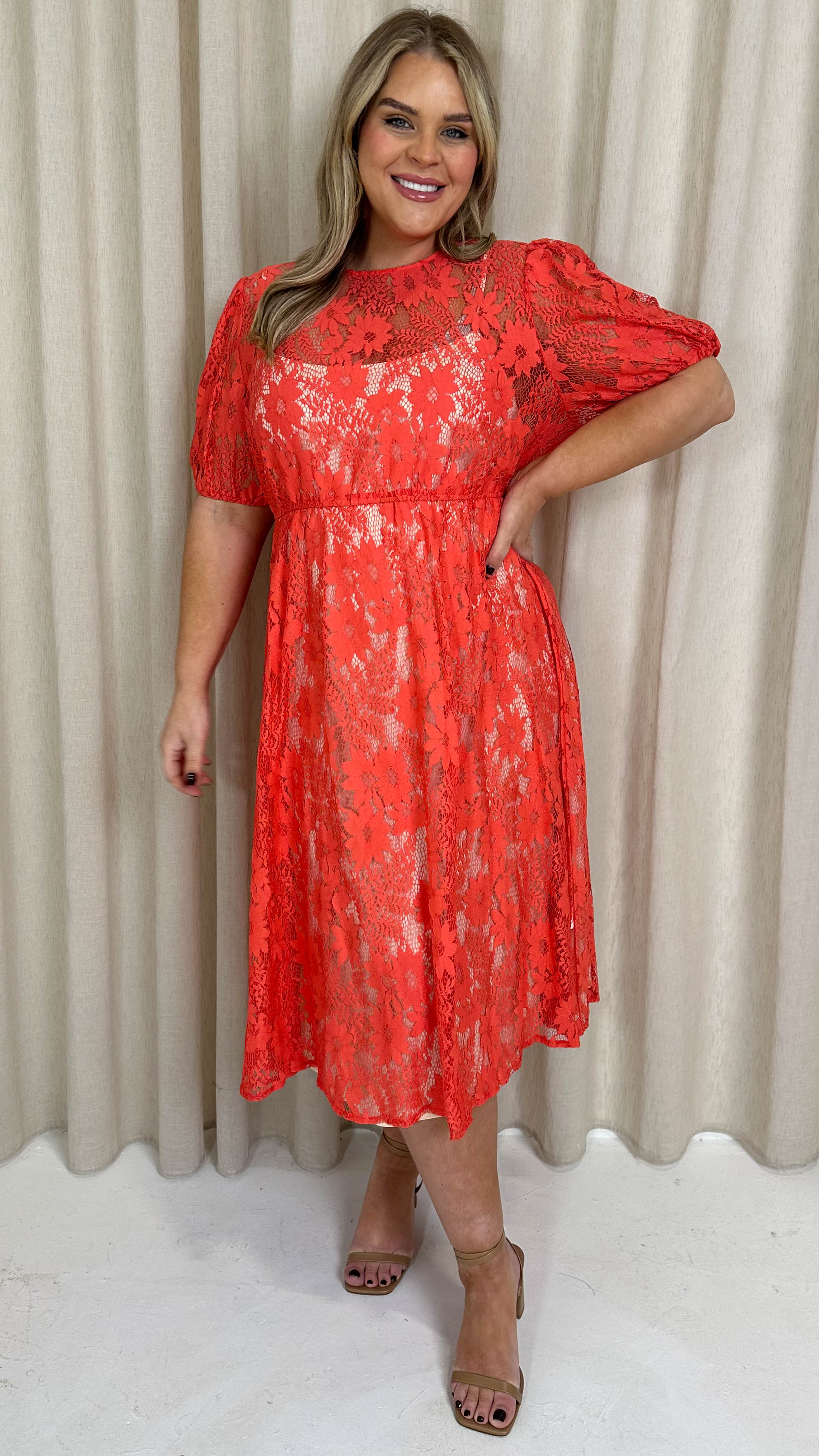 CurveWow Lace Midi Skater Dress Coral
