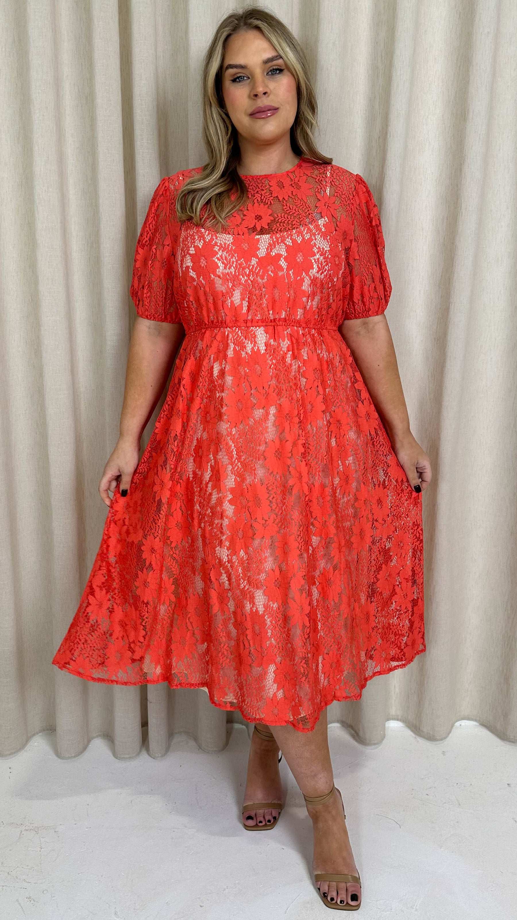 CurveWow Lace Midi Skater Dress Coral Curvewow CurveWow Lace Midi Skater Dress Coral Curvewow