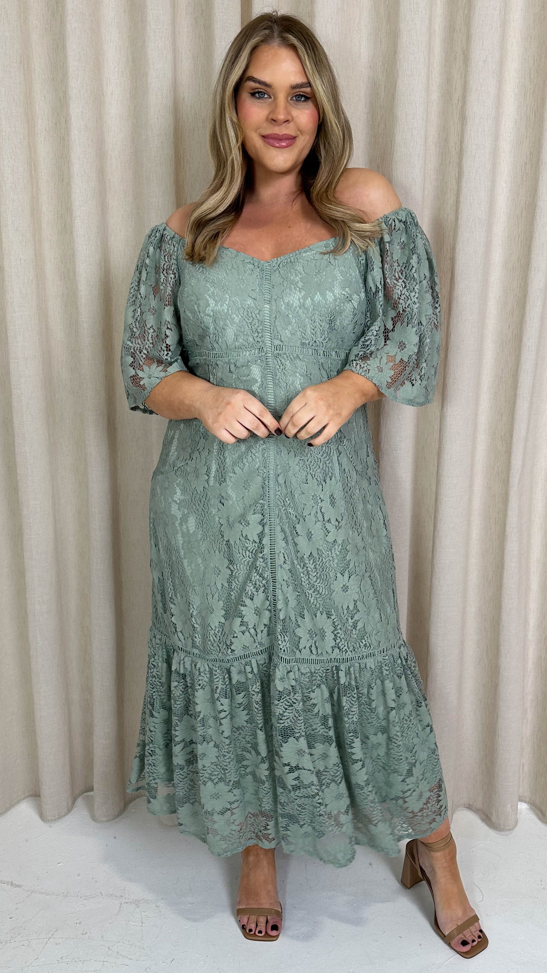 CurveWow Lace Frill Hem Midaxi Dress Sage Green Curvewow CurveWow Lace Frill Hem Midaxi Dress Sage Green Curvewow