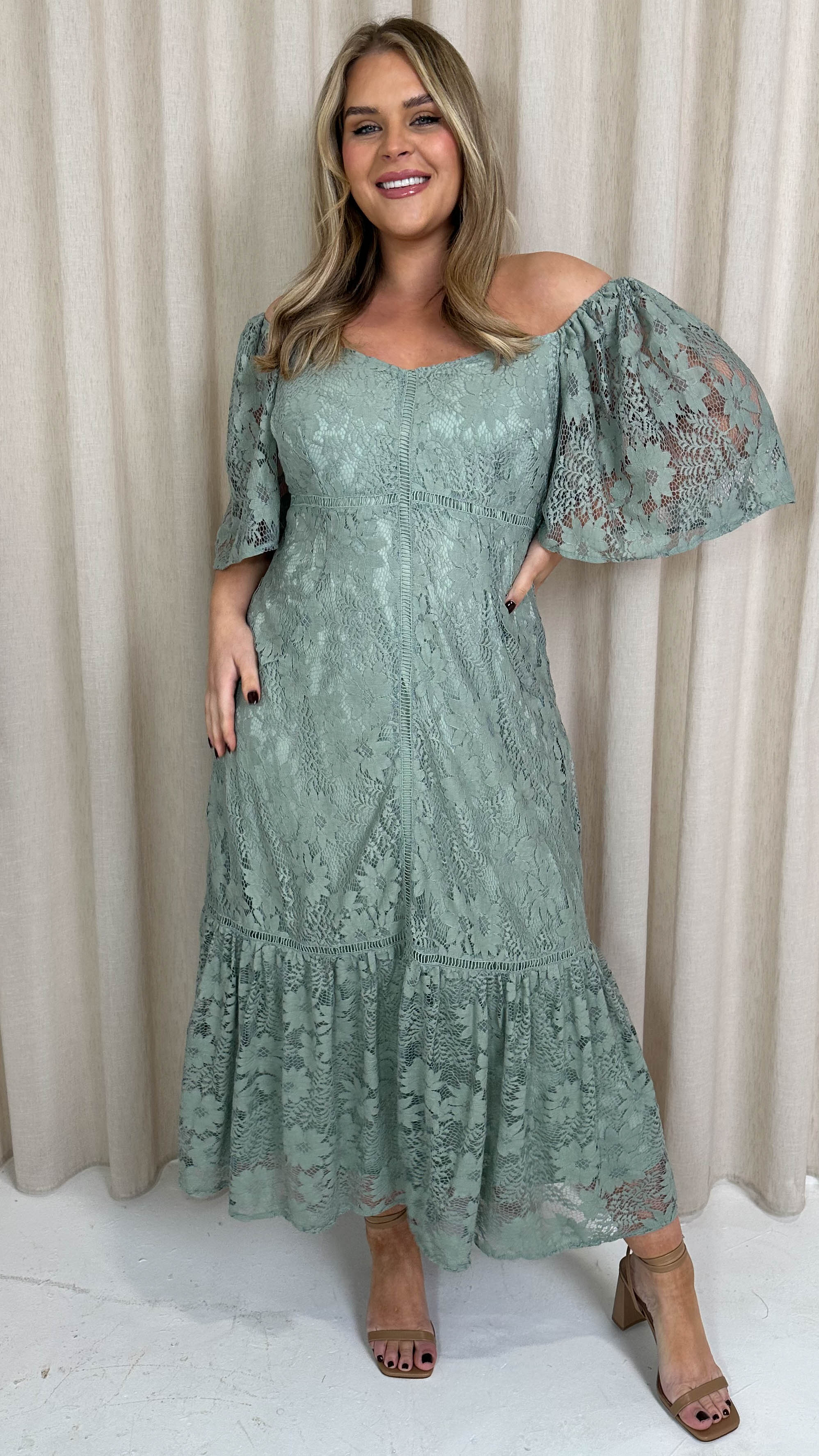 CurveWow Lace Frill Hem Midaxi Dress Sage Green Curvewow CurveWow Lace Frill Hem Midaxi Dress Sage Green Curvewow