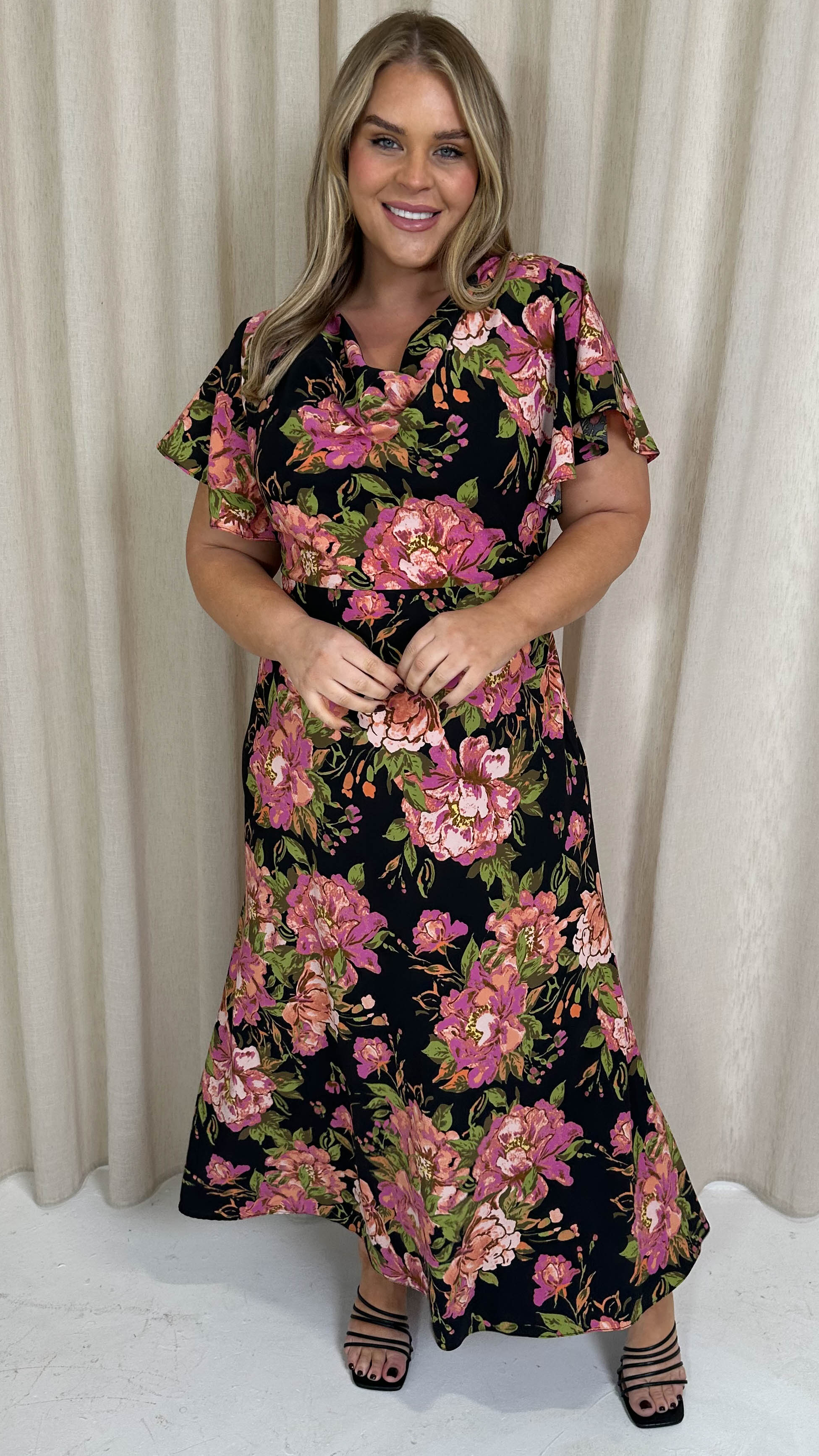 CurveWow Cowl Neck Maxi Dress Black Floral