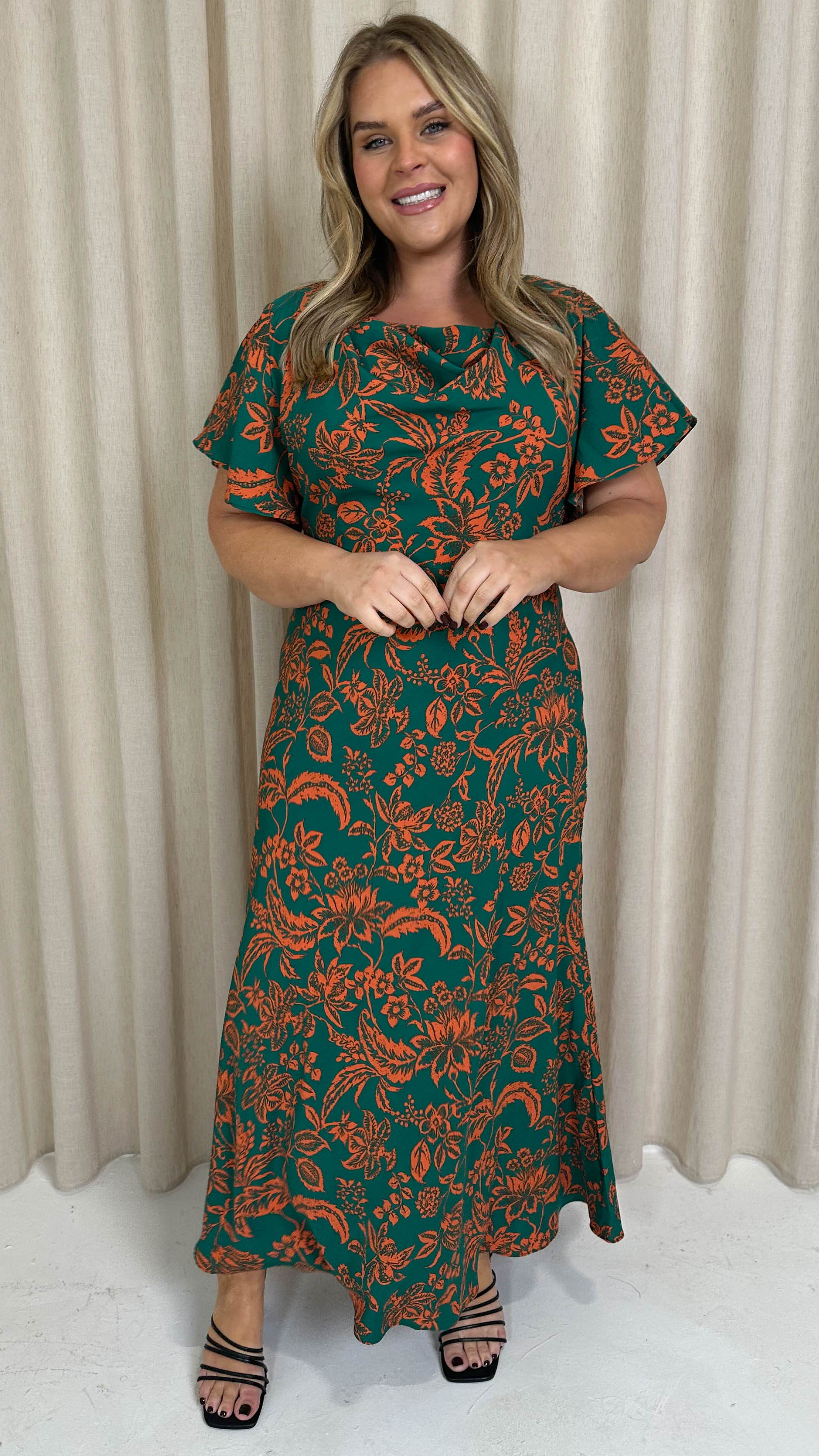 CurveWow Cowl Neck Maxi Dress Green/Orange Floral
