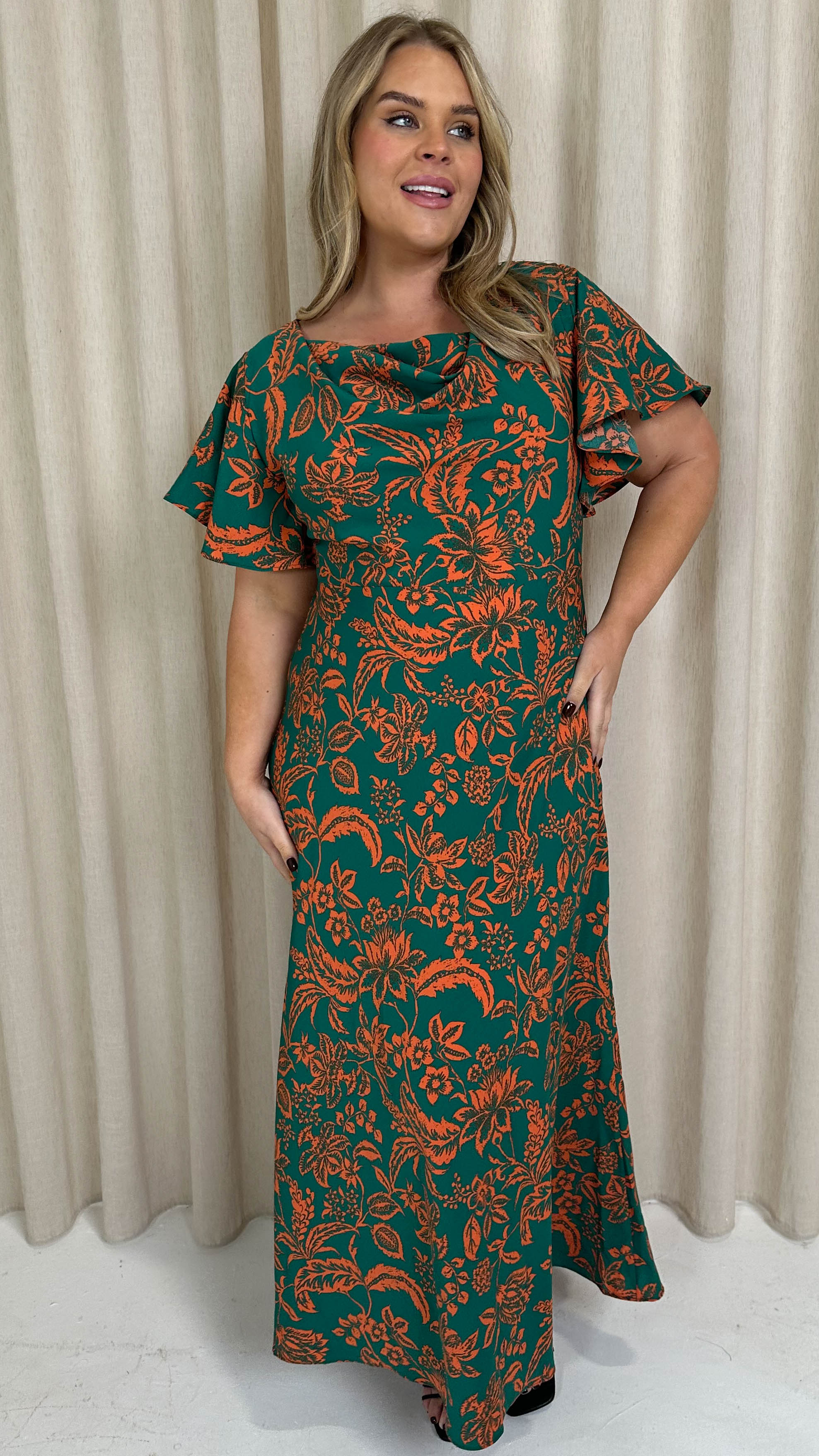 CurveWow Cowl Neck Maxi Dress Green/Orange Floral