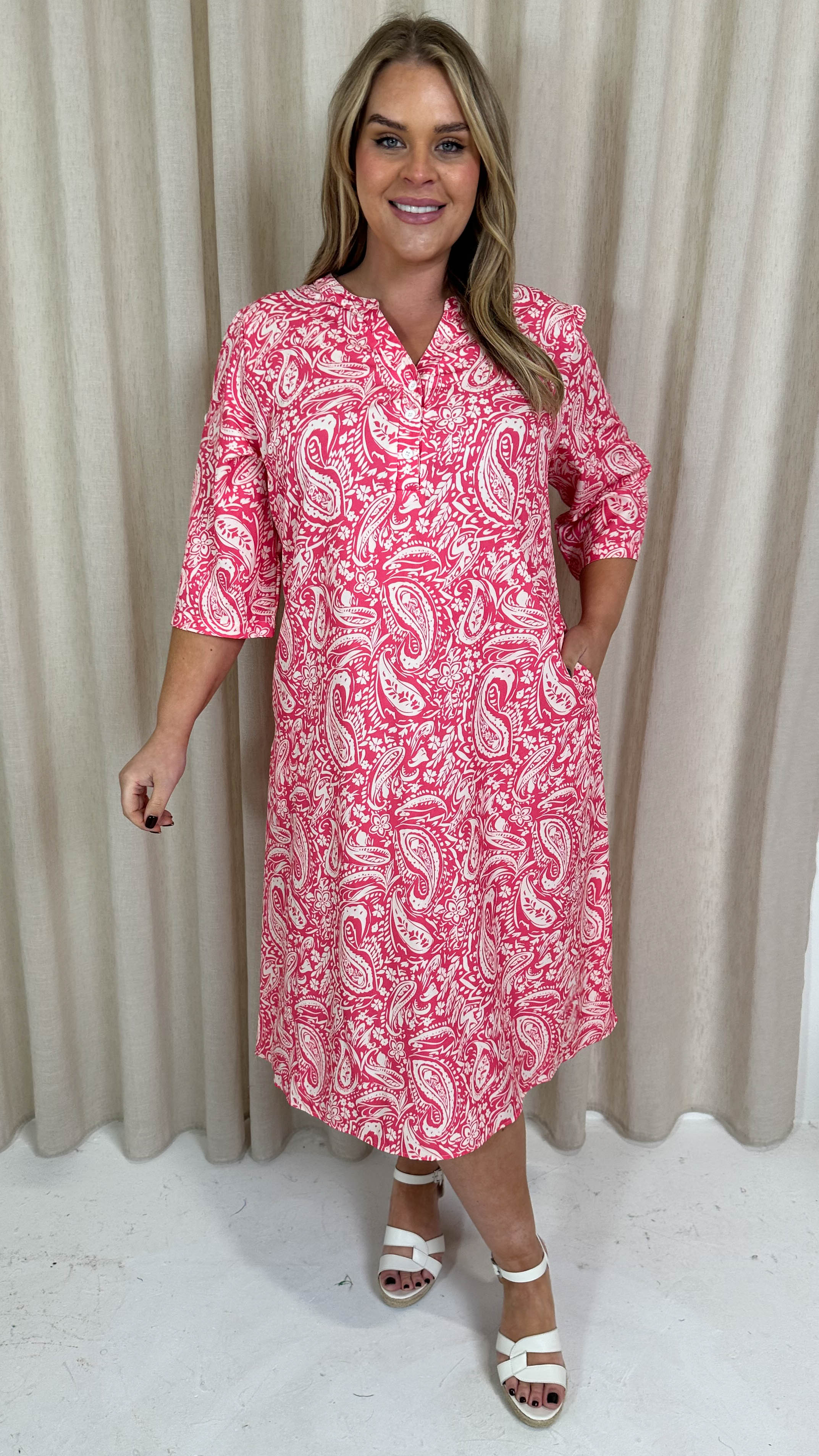 CurveWow Button Front Midi Shift Dress Pink Paisley