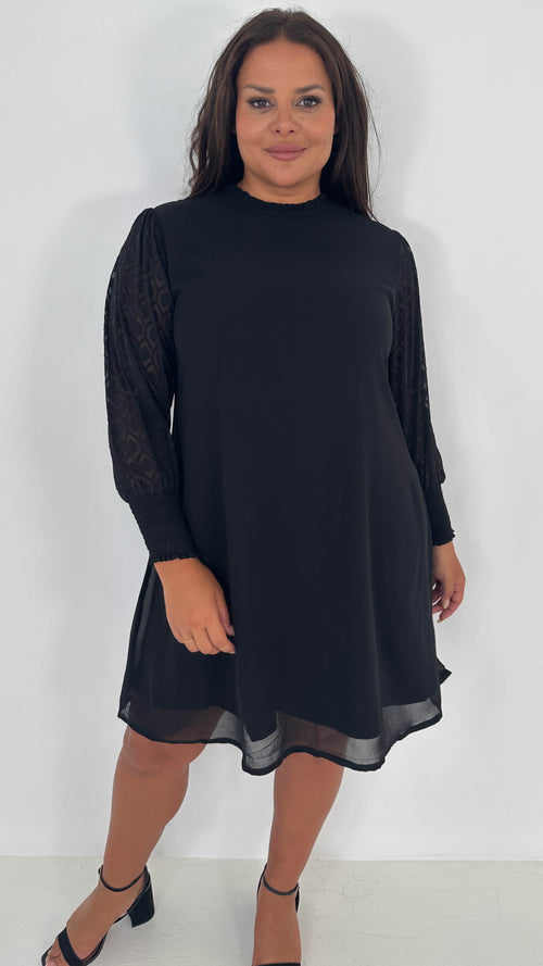 CurveWow Black Sheer Sleeve Shift Dress