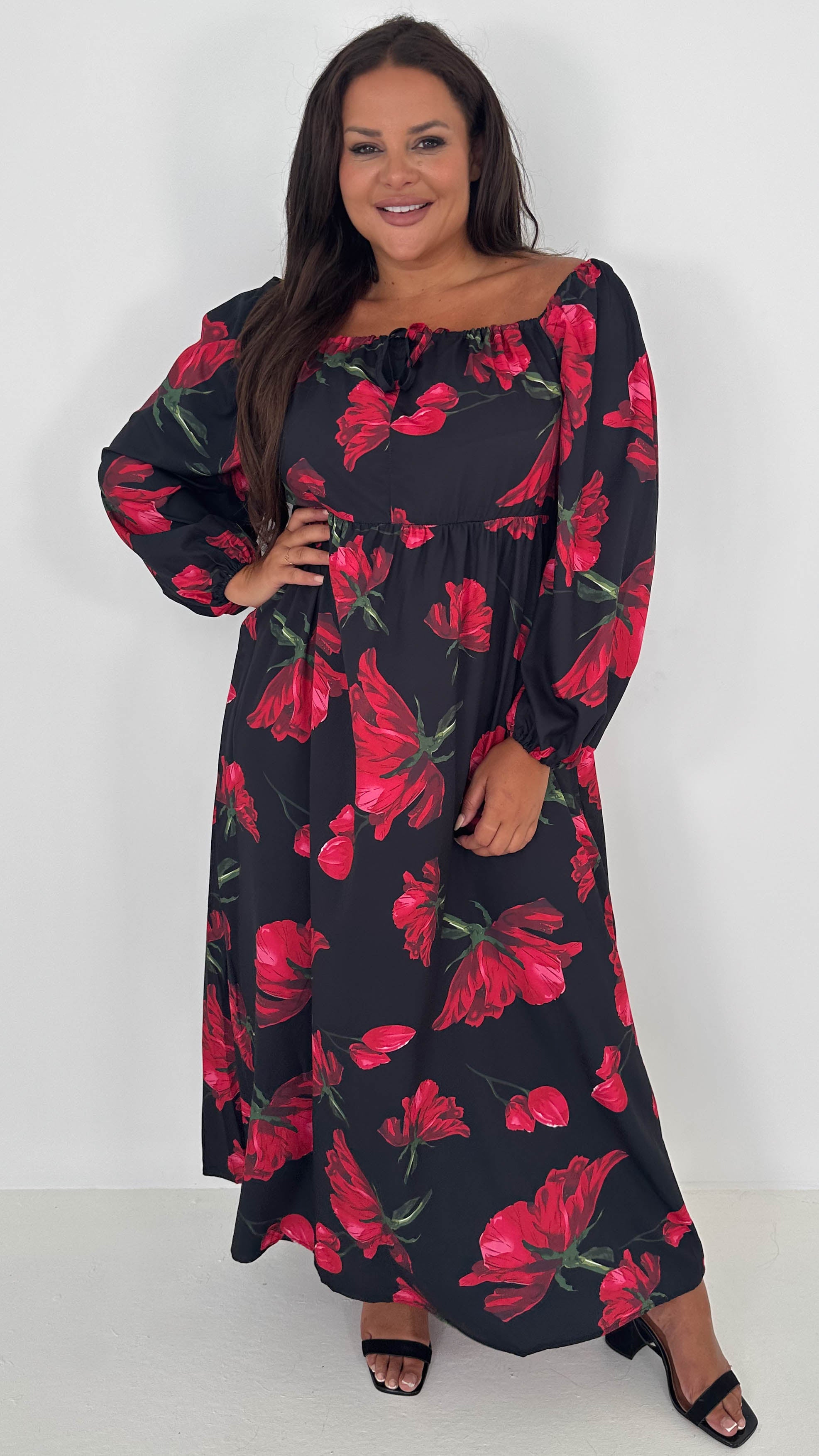 CurveWow Square Neck Maxi Dress Black & Red Floral