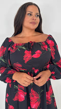 CurveWow Square Neck Maxi Dress Black & Red Floral