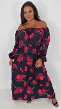 CurveWow Square Neck Maxi Dress Black & Red Floral