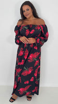 CurveWow Square Neck Maxi Dress Black & Red Floral