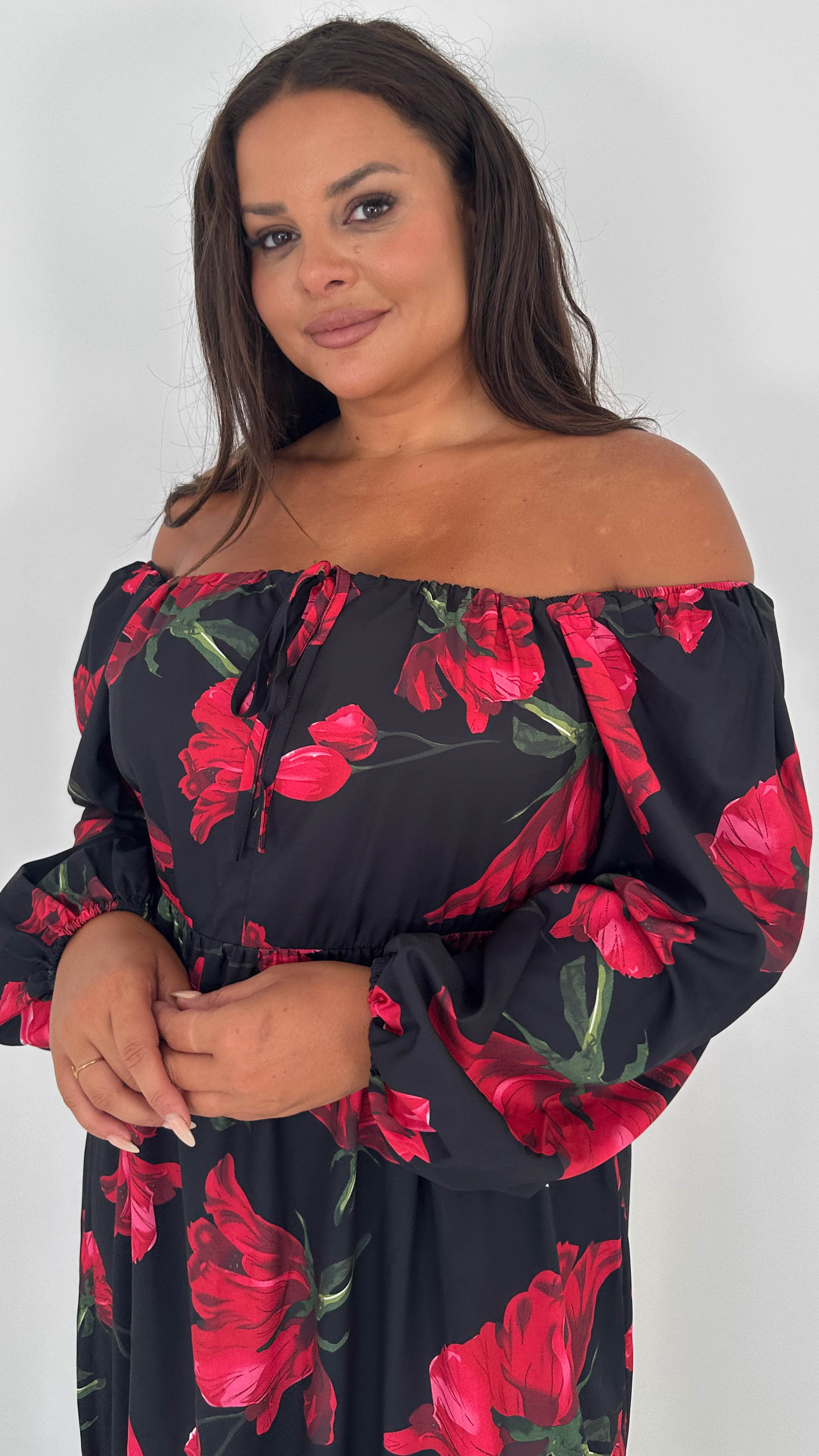 CurveWow Square Neck Maxi Dress Black & Red Floral
