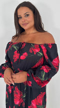 CurveWow Square Neck Maxi Dress Black & Red Floral