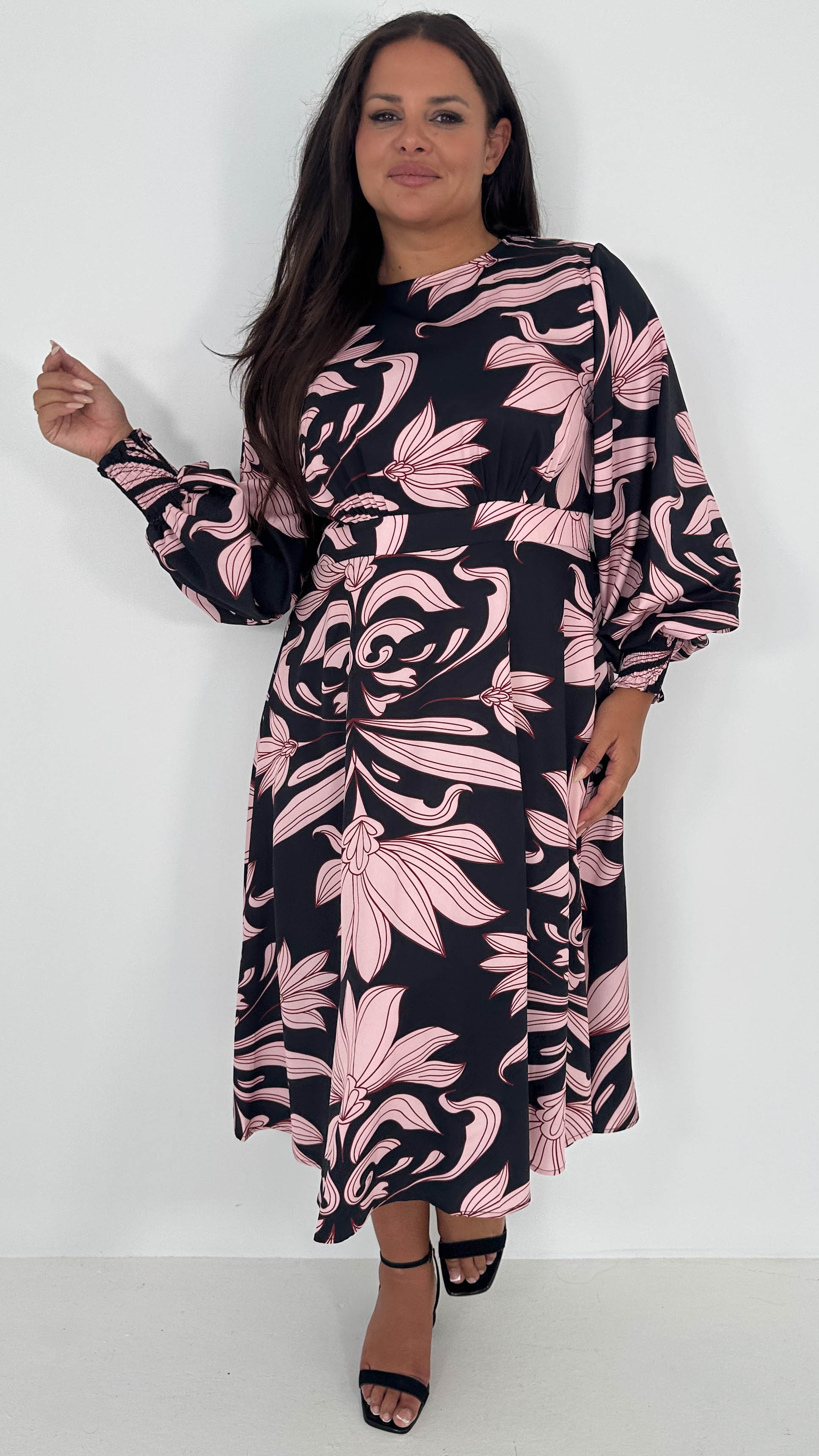 CurveWow Gathered Front Midi Dress Pink & Black Floral