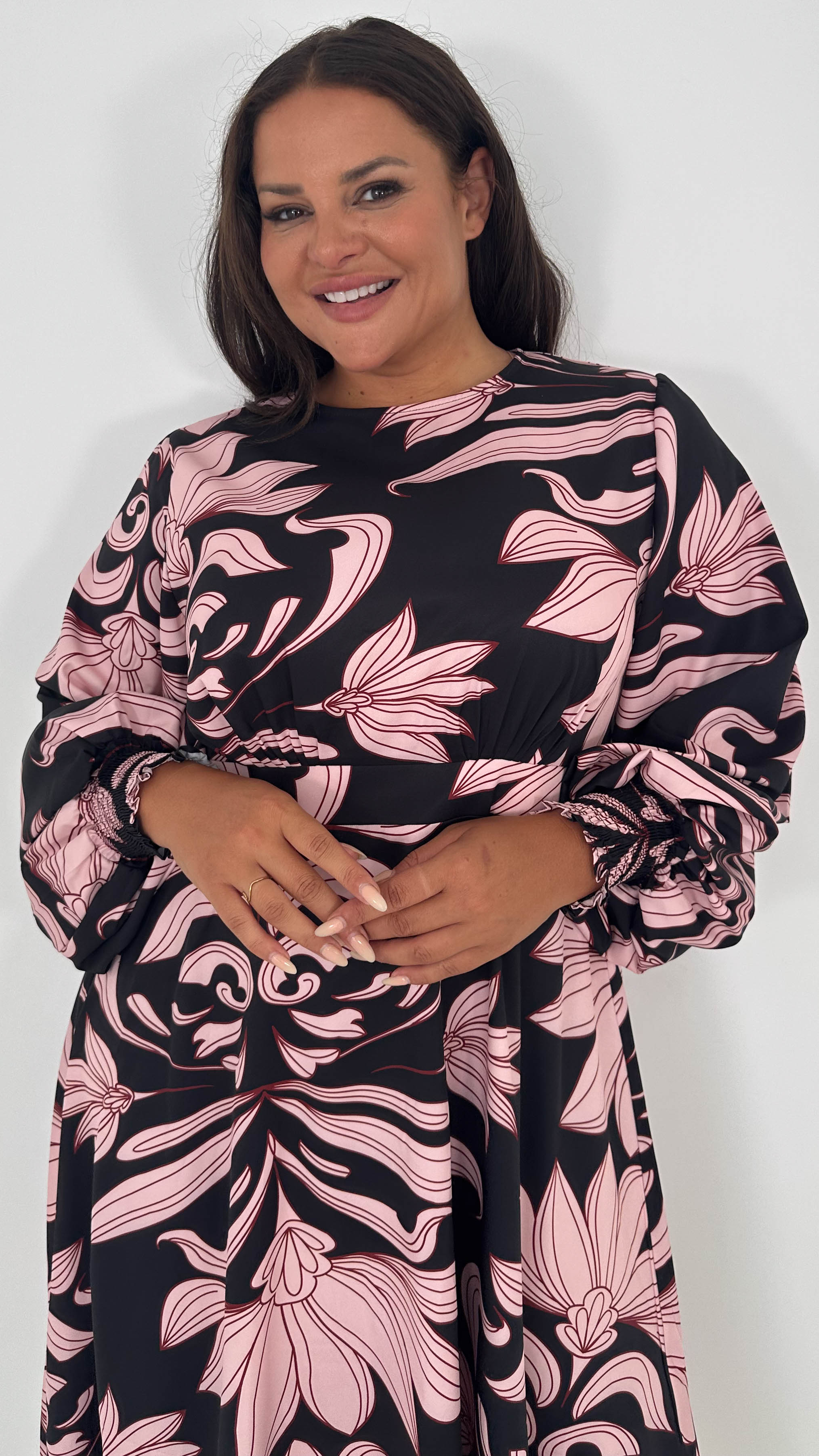 CurveWow Gathered Front Midi Dress Pink & Black Floral