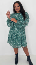 CurveWow Drop Waist Mini Dress Green Leopard