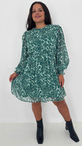 CurveWow Drop Waist Mini Dress Green Leopard