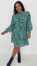 CurveWow Drop Waist Mini Dress Green Leopard