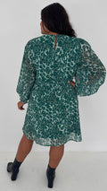 CurveWow Drop Waist Mini Dress Green Leopard
