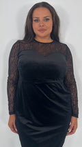 CurveWow Lace Detail Velvet Wrap Midi Dress Black