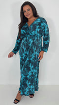 CurveWow Plisse Maxi Dress Turquoise Floral