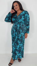 CurveWow Plisse Maxi Dress Turquoise Floral