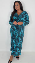 CurveWow Plisse Maxi Dress Turquoise Floral