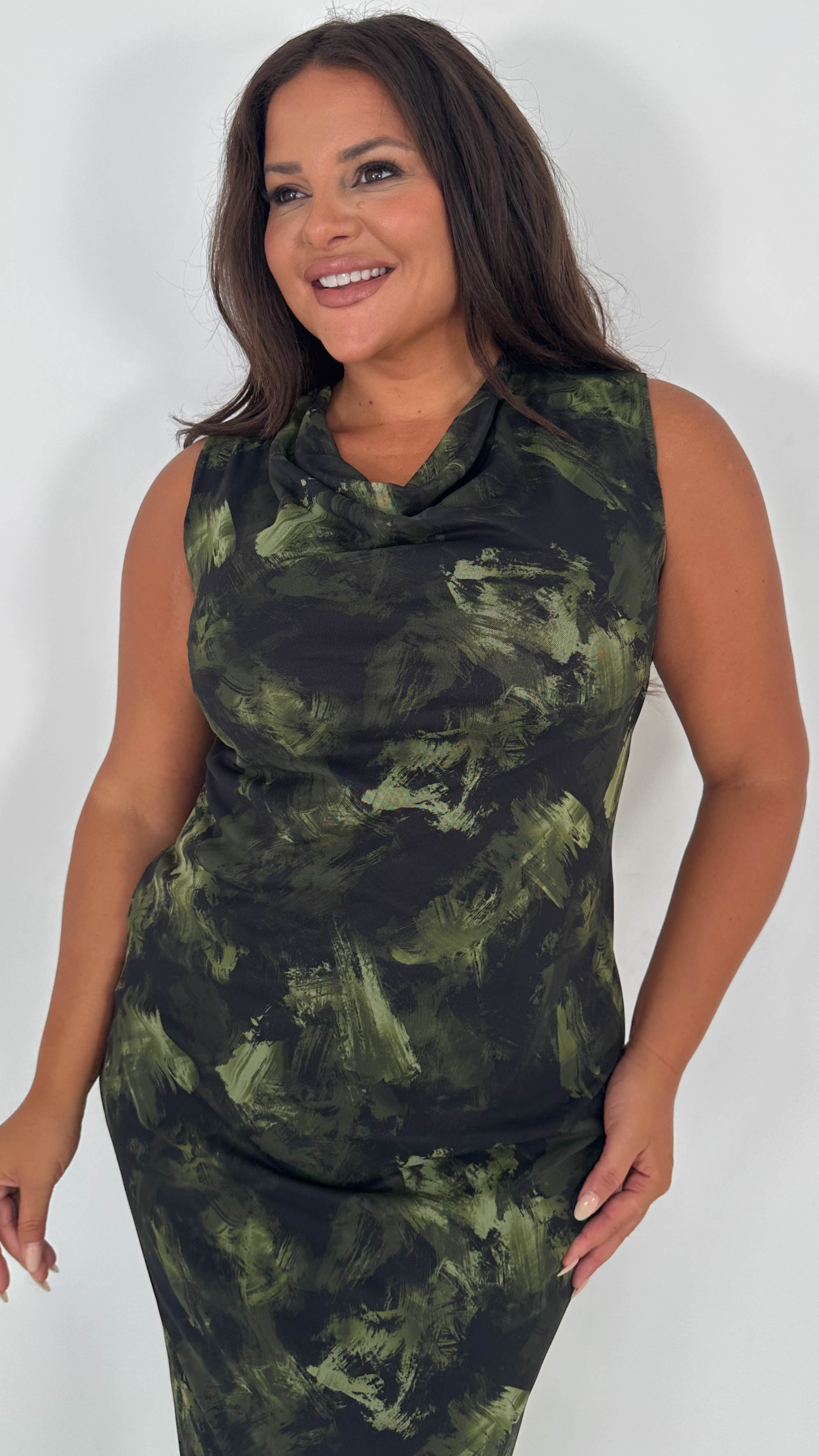 CurveWow Cowl Neck Mesh Midaxi Dress Green Brushstroke