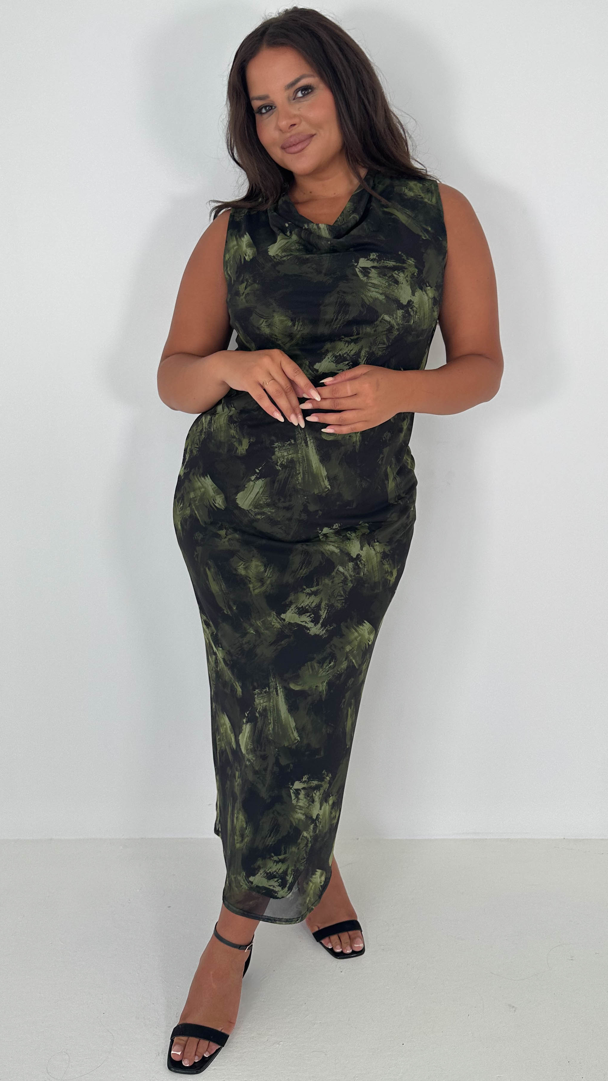 CurveWow Cowl Neck Mesh Midaxi Dress Green Brushstroke